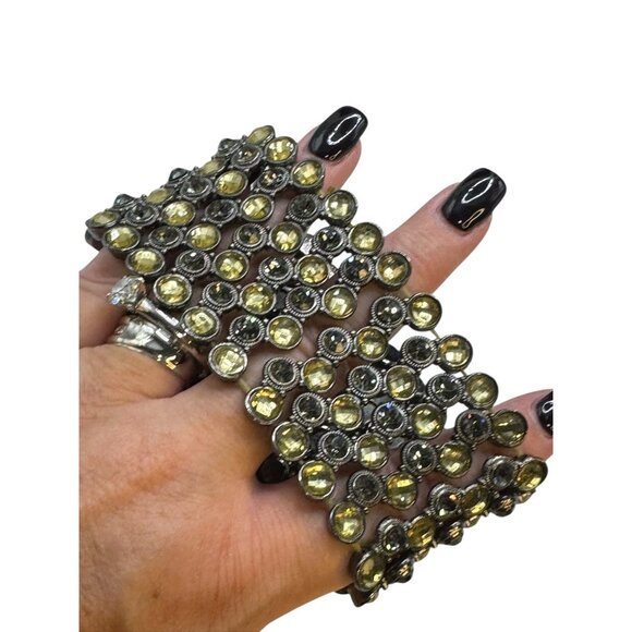 Wide Yellow /Gold / Clear Rhinestone Stretch Bracelet With Metal Base 2 Inches W - Picture 4 of 7